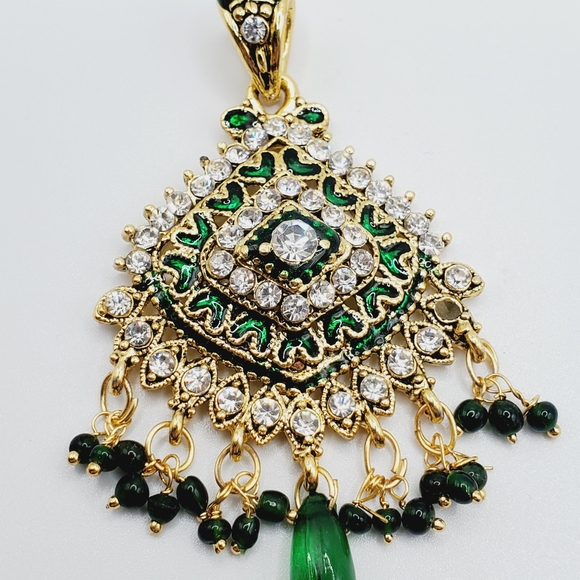 3 PC set Indian bohemian wedding kundan gold emerald jadau earrings necklace set - Picture 11 of 16